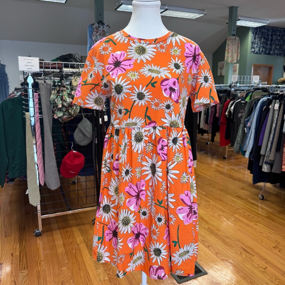 Zara Orange Floral Daisy Cotton Drop Waist Dress Retro Vibe Cottagecore Medium